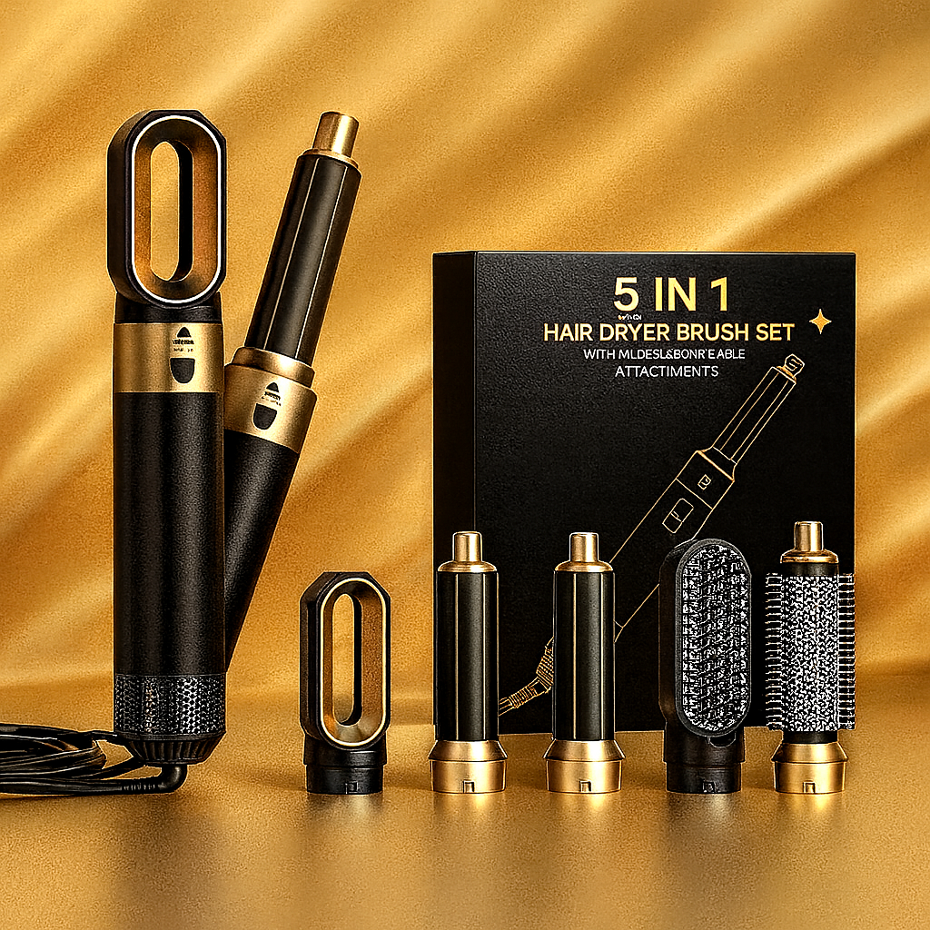 5-in-1-Heißluft-Haarstyler – Set mit Haartrockner, Lockenstab, Volumenstyler und Glättaufsatz