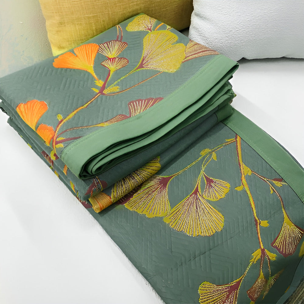 Ensemble de couvre-lit réversible feuilles de ginkgo floral - Couvre-lit et édredon doux