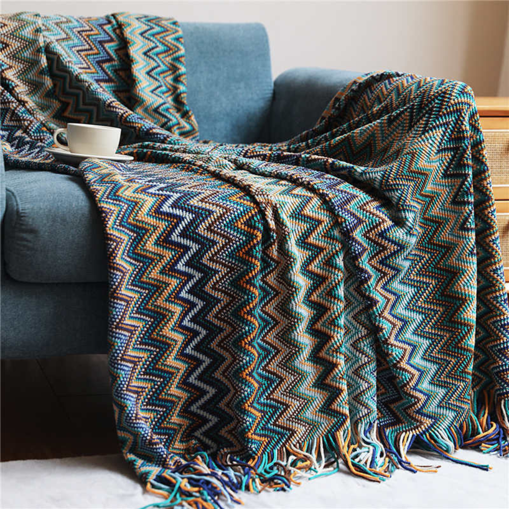 Plaid tricoté zigzag coloré avec pompons - Décoration intérieure cosy