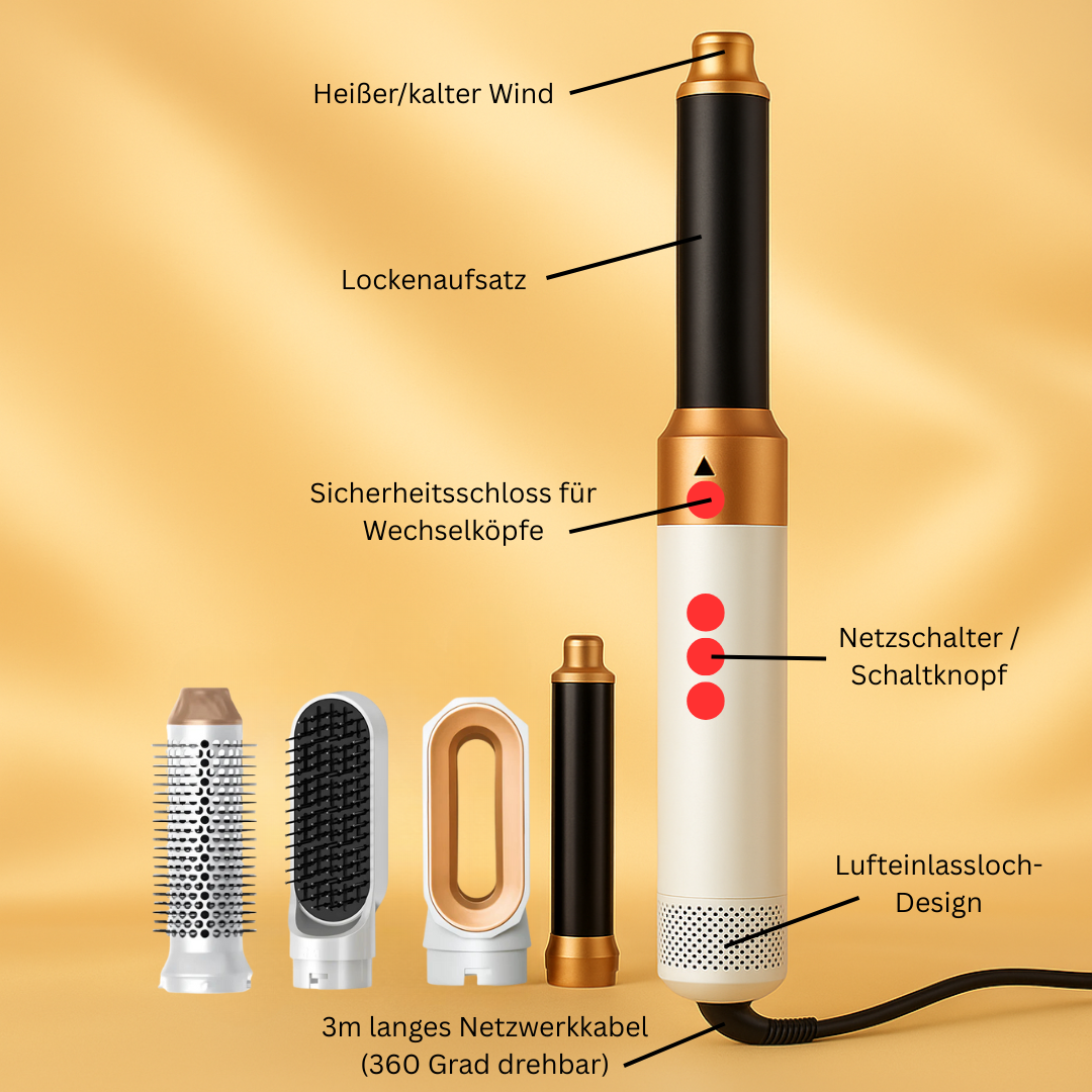 5-in-1-Heißluft-Haarstyler – Set mit Haartrockner, Lockenstab, Volumenstyler und Glättaufsatz