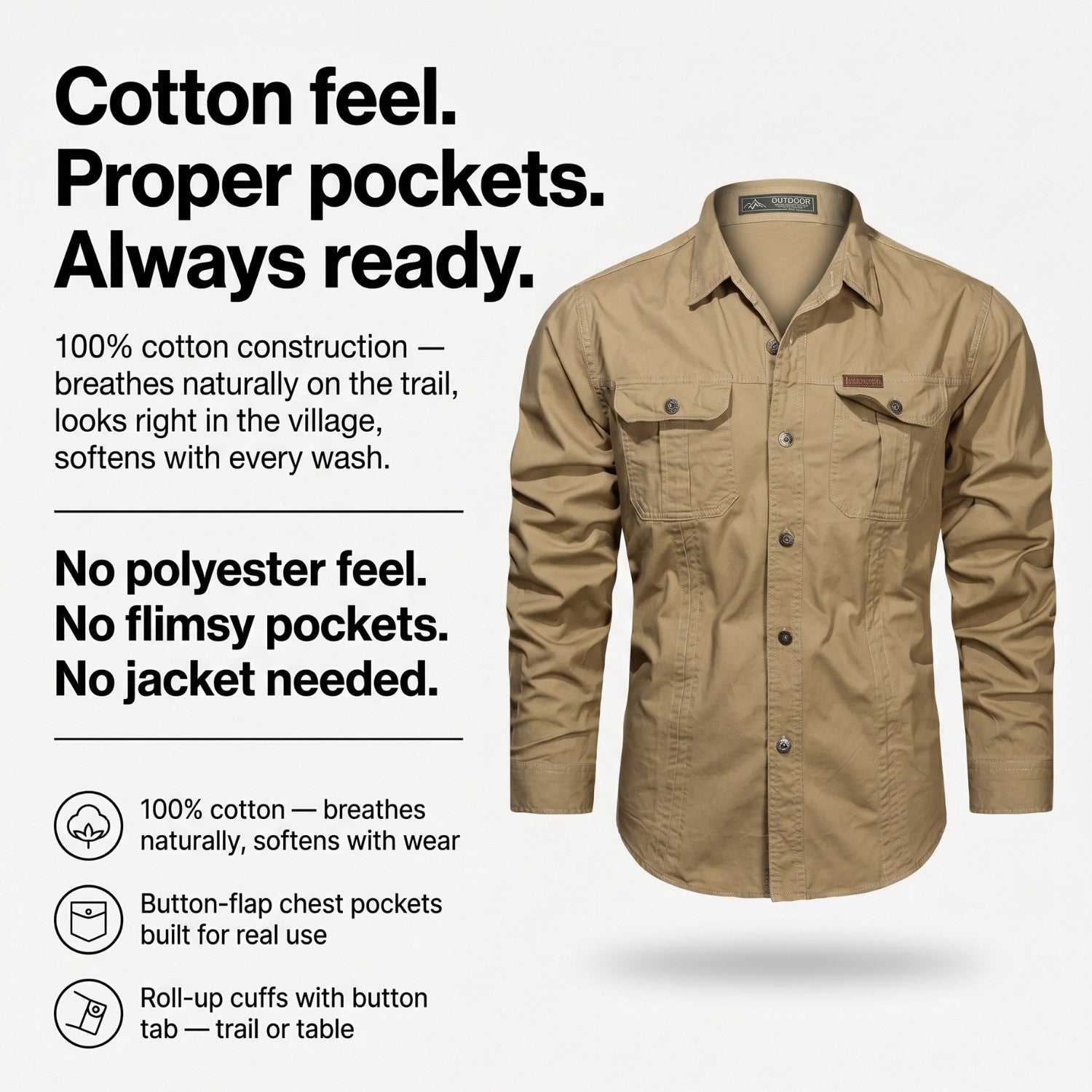Men’s Lightweight Long-Sleeve Outdoor Shirt – Durable Cotton-Blend Top