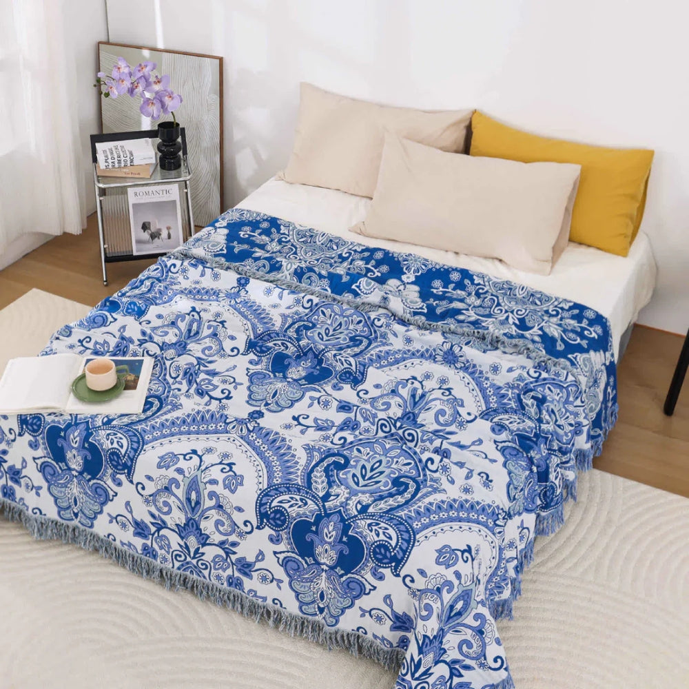 Plaid en coton paisley doux avec pompons - Plaid cosy pour la décoration intérieure