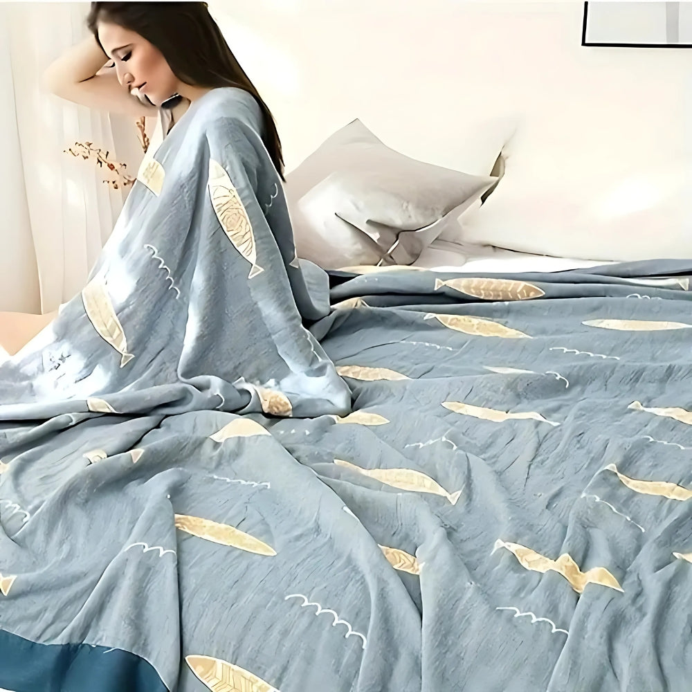Couverture en gaze de coton réversible pour bébé - Motif poisson doré
