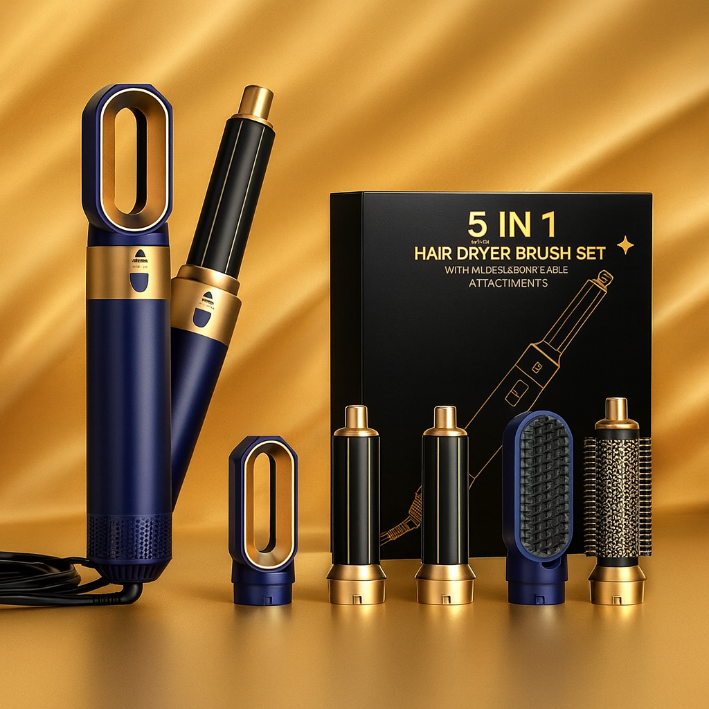 5-in-1-Heißluft-Haarstyler – Set mit Haartrockner, Lockenstab, Volumenstyler und Glättaufsatz