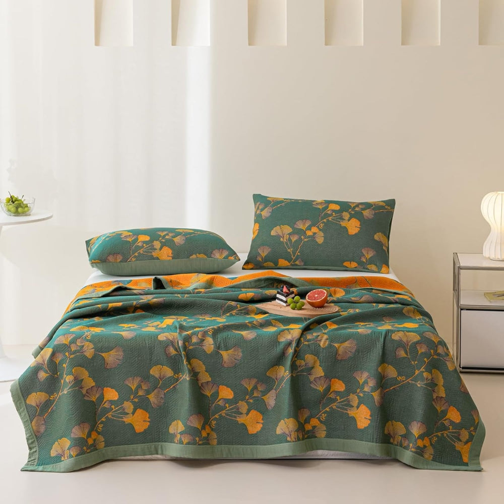 Ensemble de couvre-lit réversible feuilles de ginkgo floral - Couvre-lit et édredon doux