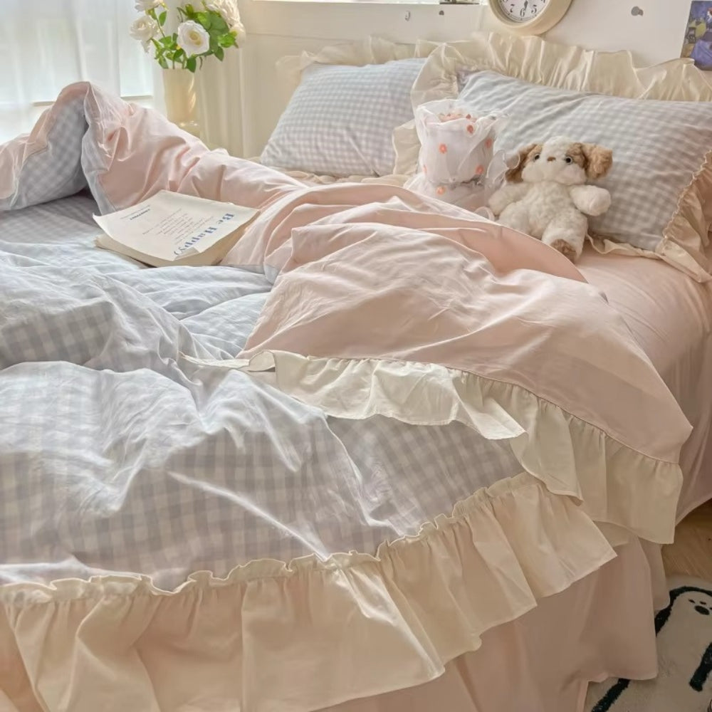 Ensemble de literie à carreaux vichy avec volants - Ensemble de lit style ferme cosy