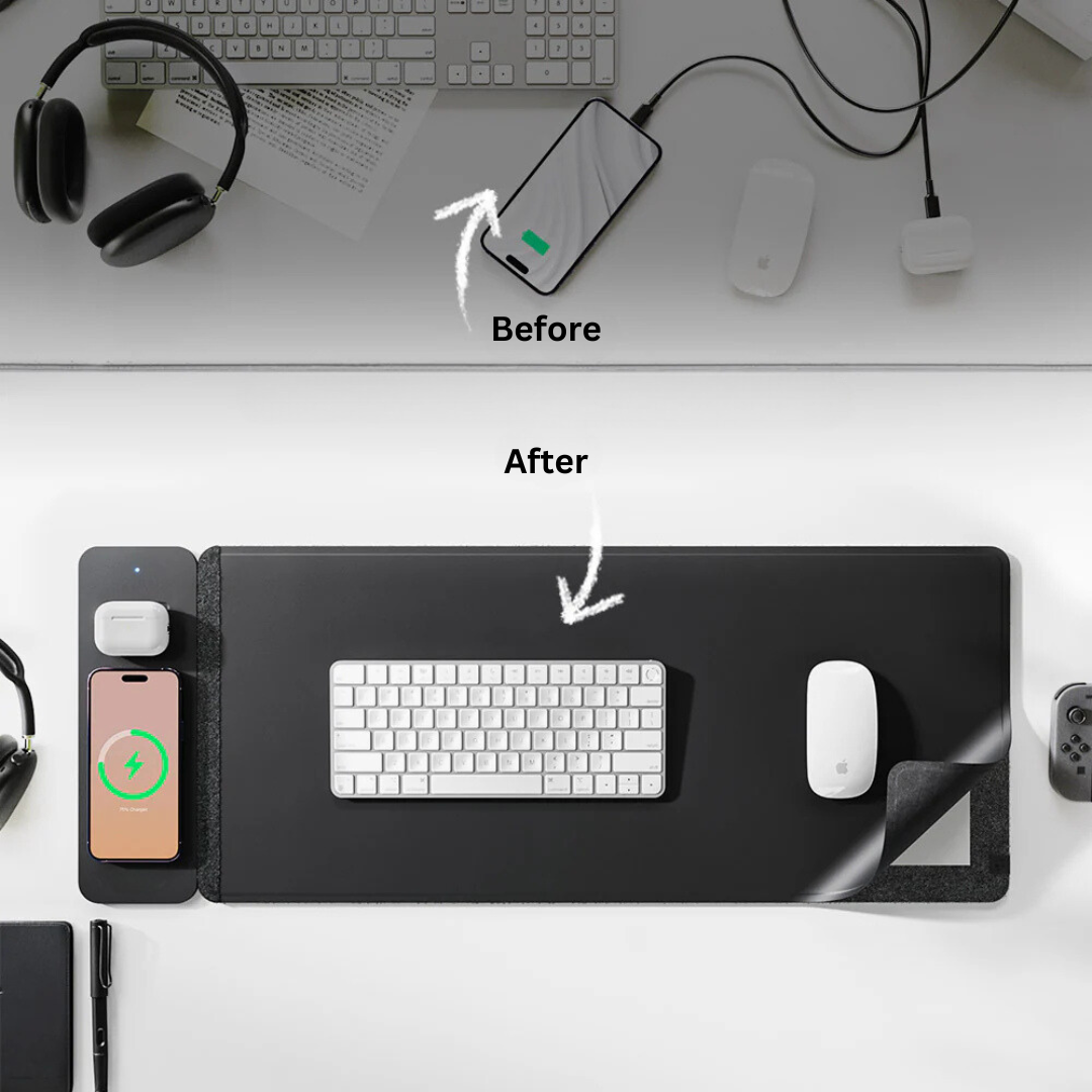 Wireless Charging Desk Mat - Large Non - Slip Faux Leather Desk Pad