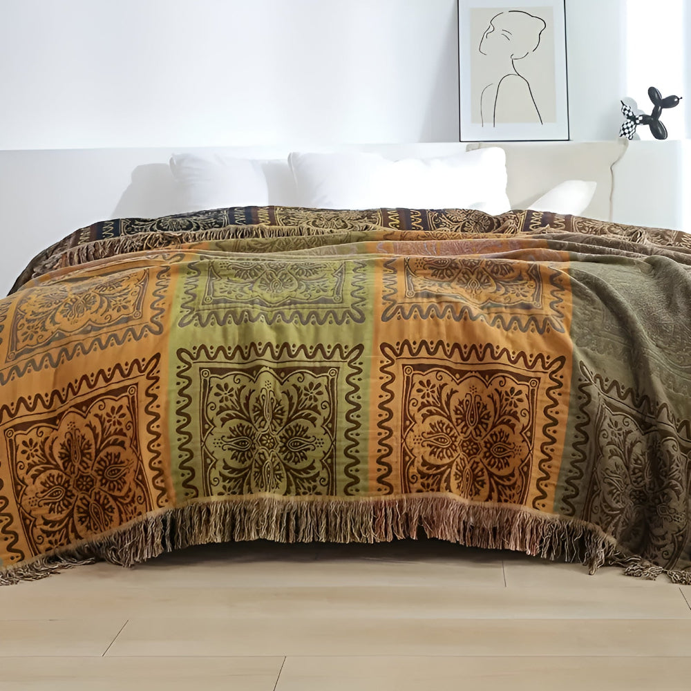 Plaid à pompons mandala bohème pour une décoration intérieure douillette