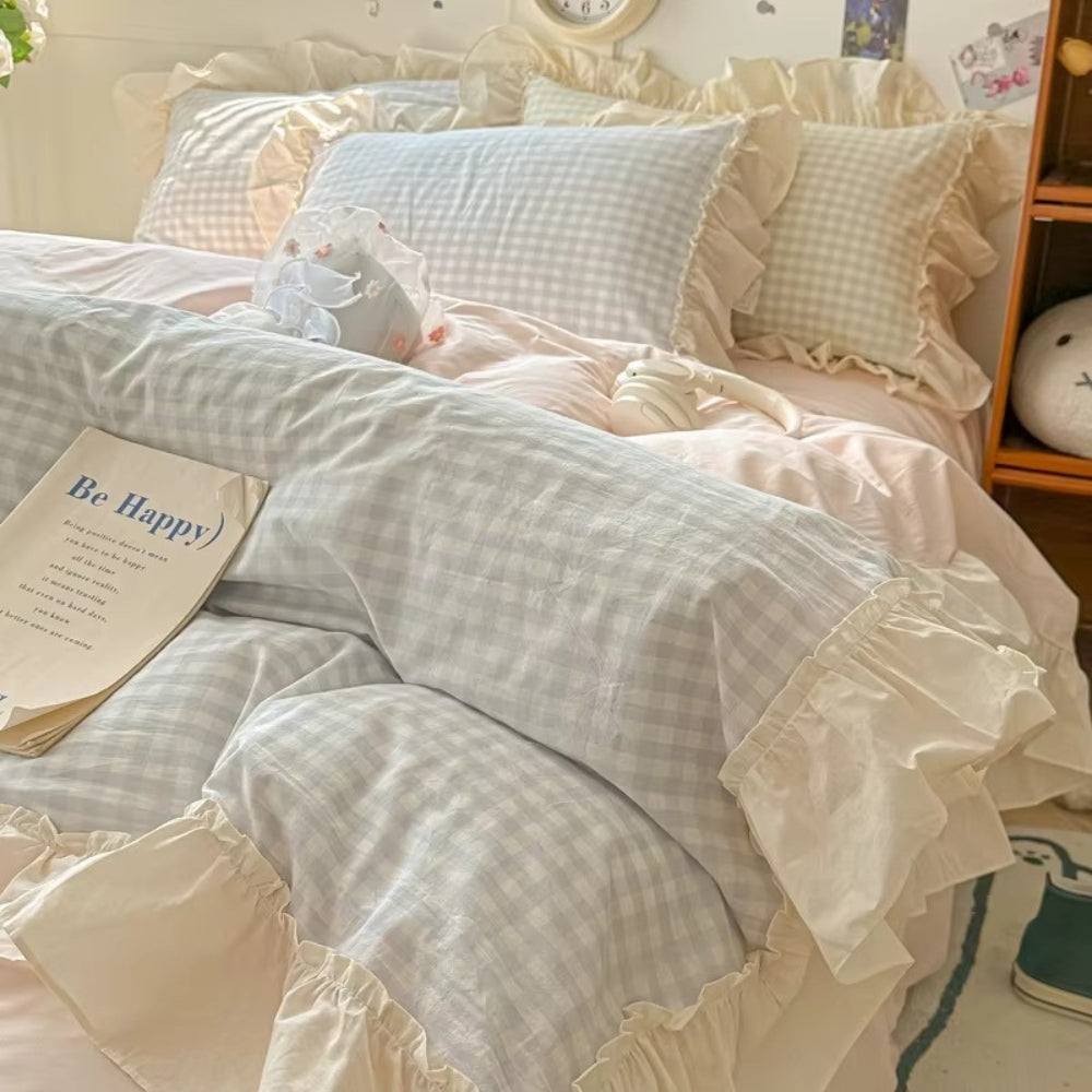 Ensemble de literie à carreaux vichy avec volants - Ensemble de lit style ferme cosy