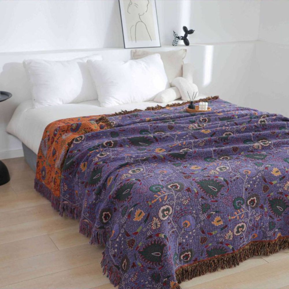 Plaid en coton doux avec pompons paon pour décoration intérieure chaleureuse