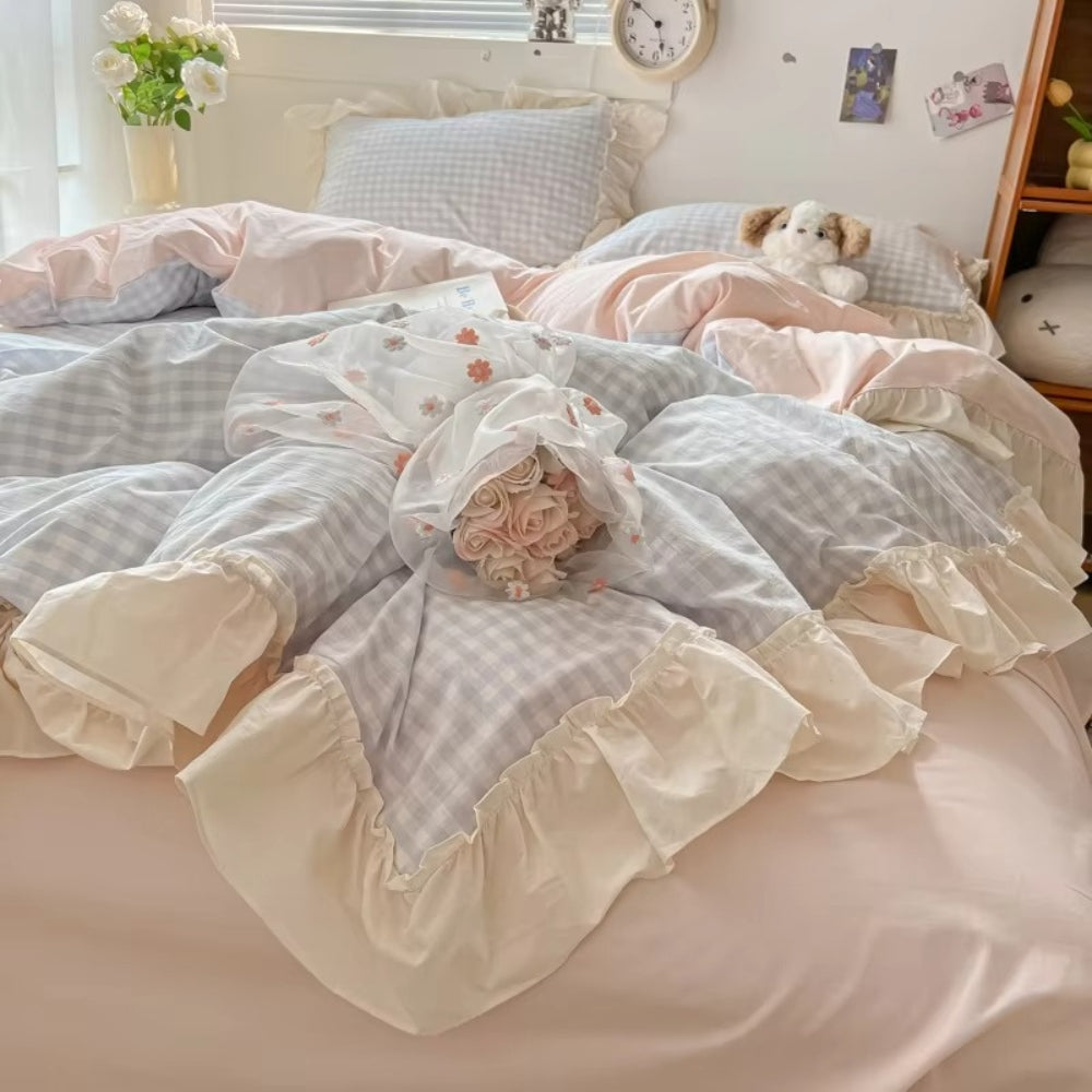 Ensemble de literie à carreaux vichy avec volants - Ensemble de lit style ferme cosy
