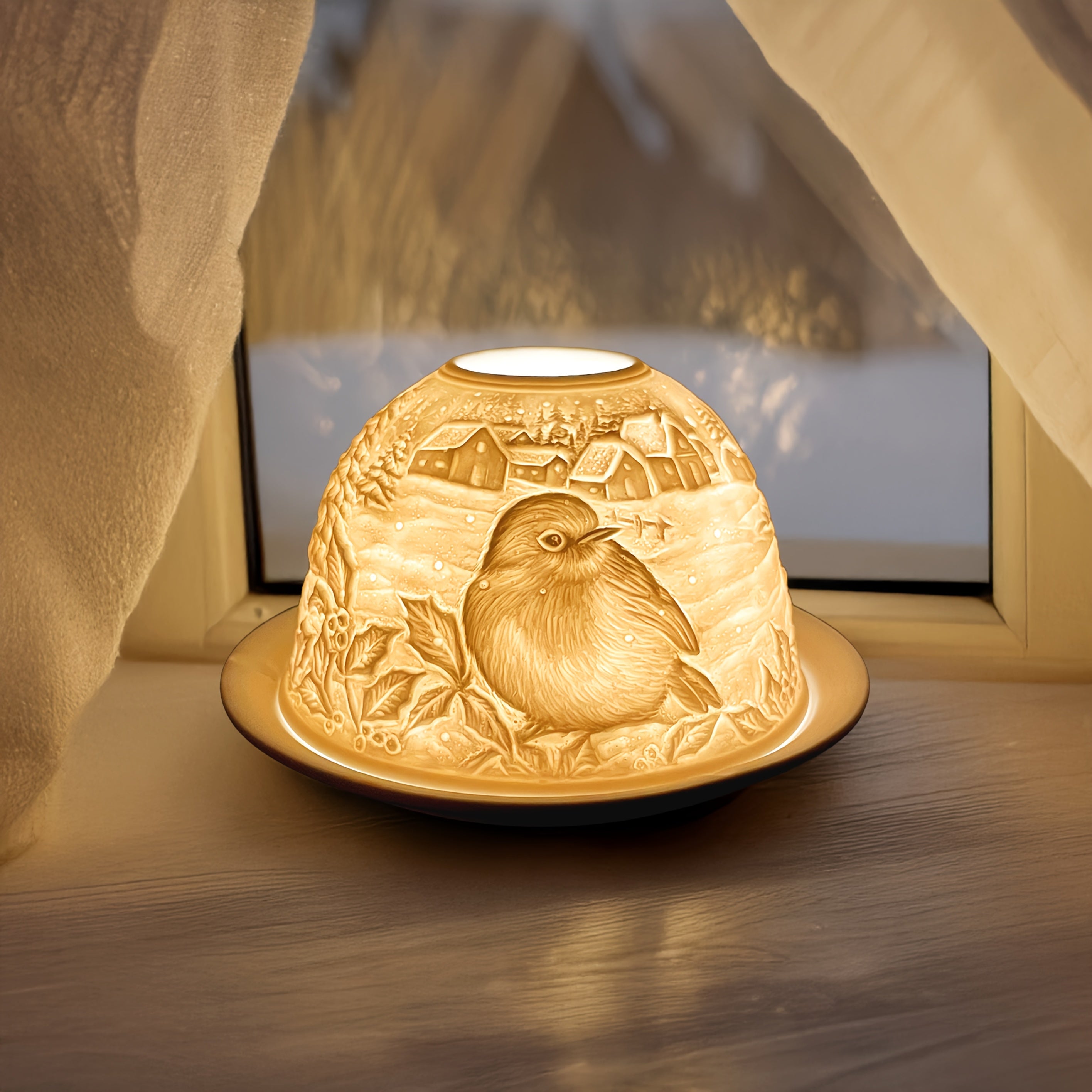 Porte-bougie chauffe-plat 3D en céramique hiver rouge-gorge avec dôme et plateau - Centre de table de Noël festif pour décoration intérieure