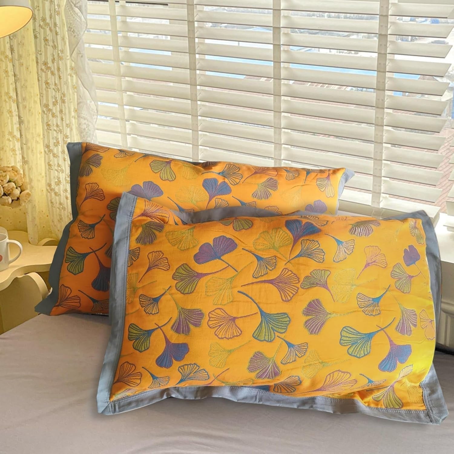 Taies d’oreiller en coton feuilles de ginkgo - Ensemble de literie brodé décoratif