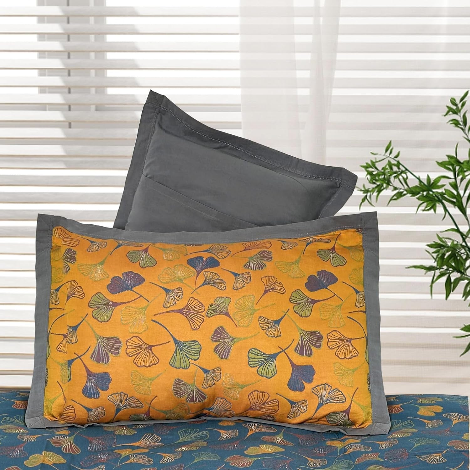 Taies d’oreiller en coton feuilles de ginkgo - Ensemble de literie brodé décoratif