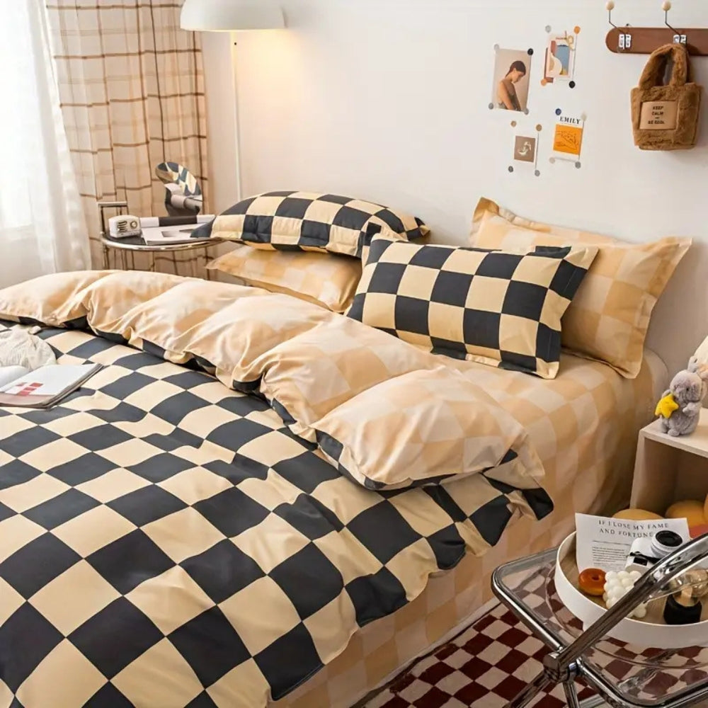 Ensemble de literie à carreaux Château - Ensemble de couette et taies d'oreiller 3 pièces