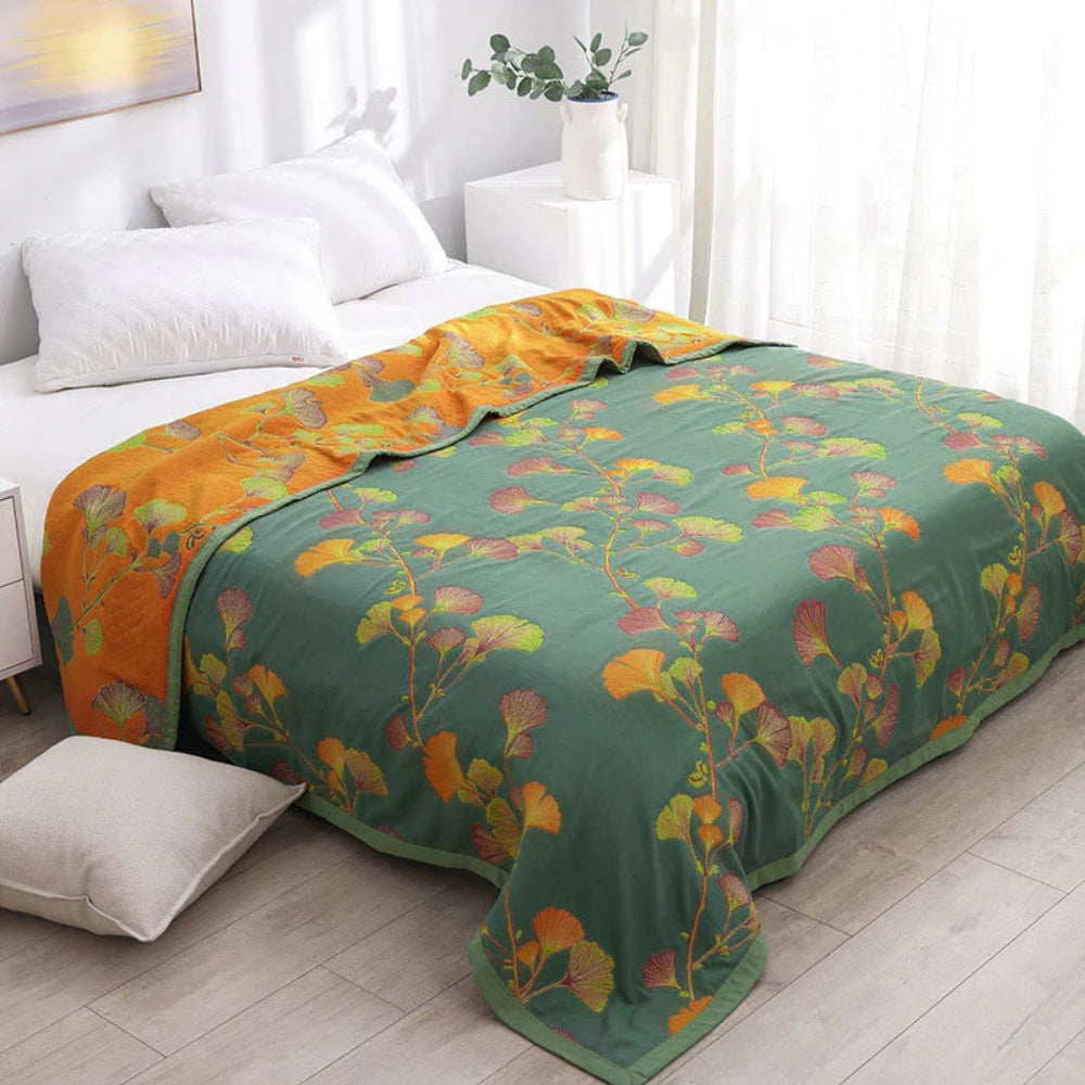 Ensemble de couvre-lit réversible feuilles de ginkgo floral - Couvre-lit et édredon doux