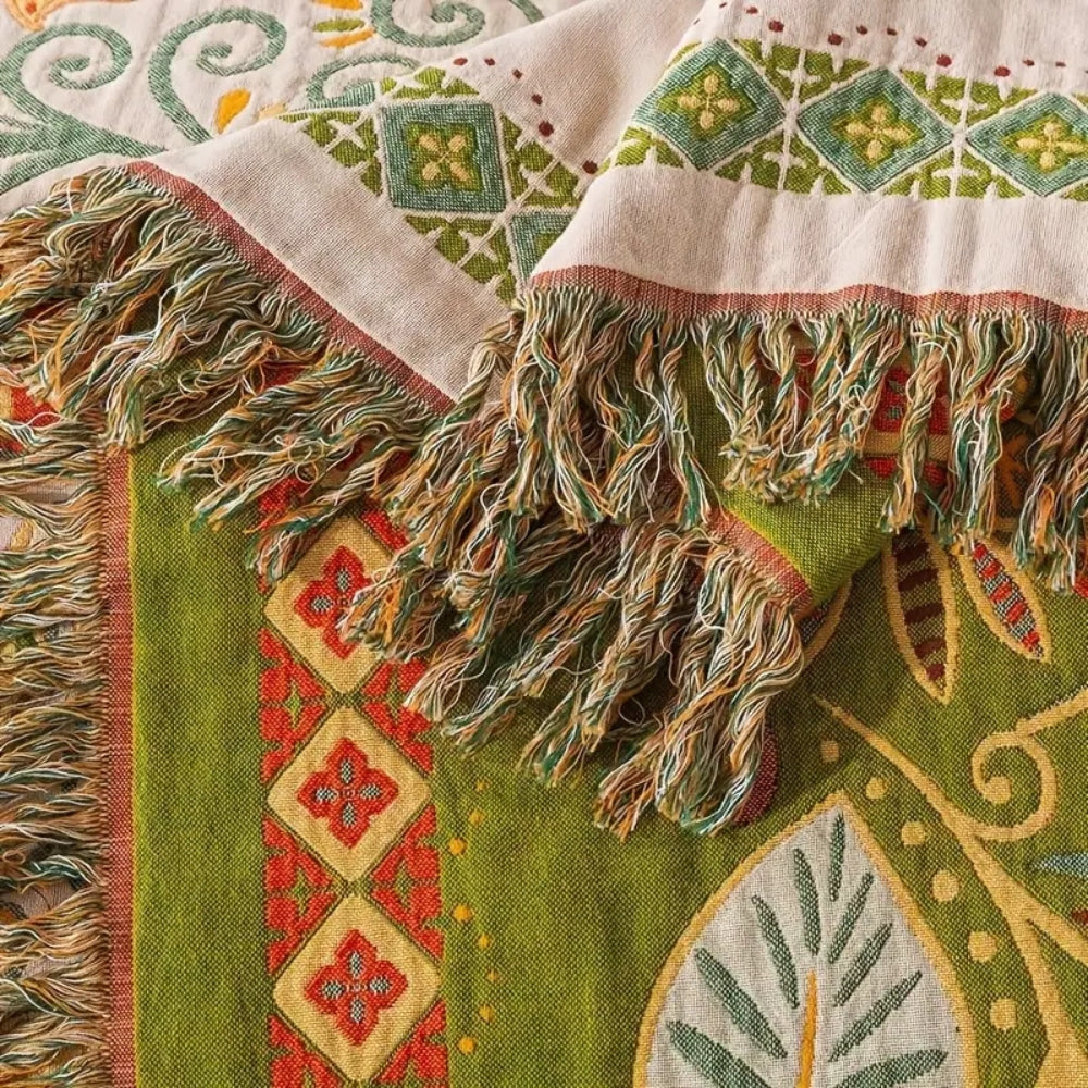 Plaid bohème réversible feuilles d’automne pour décoration intérieure chaleureuse