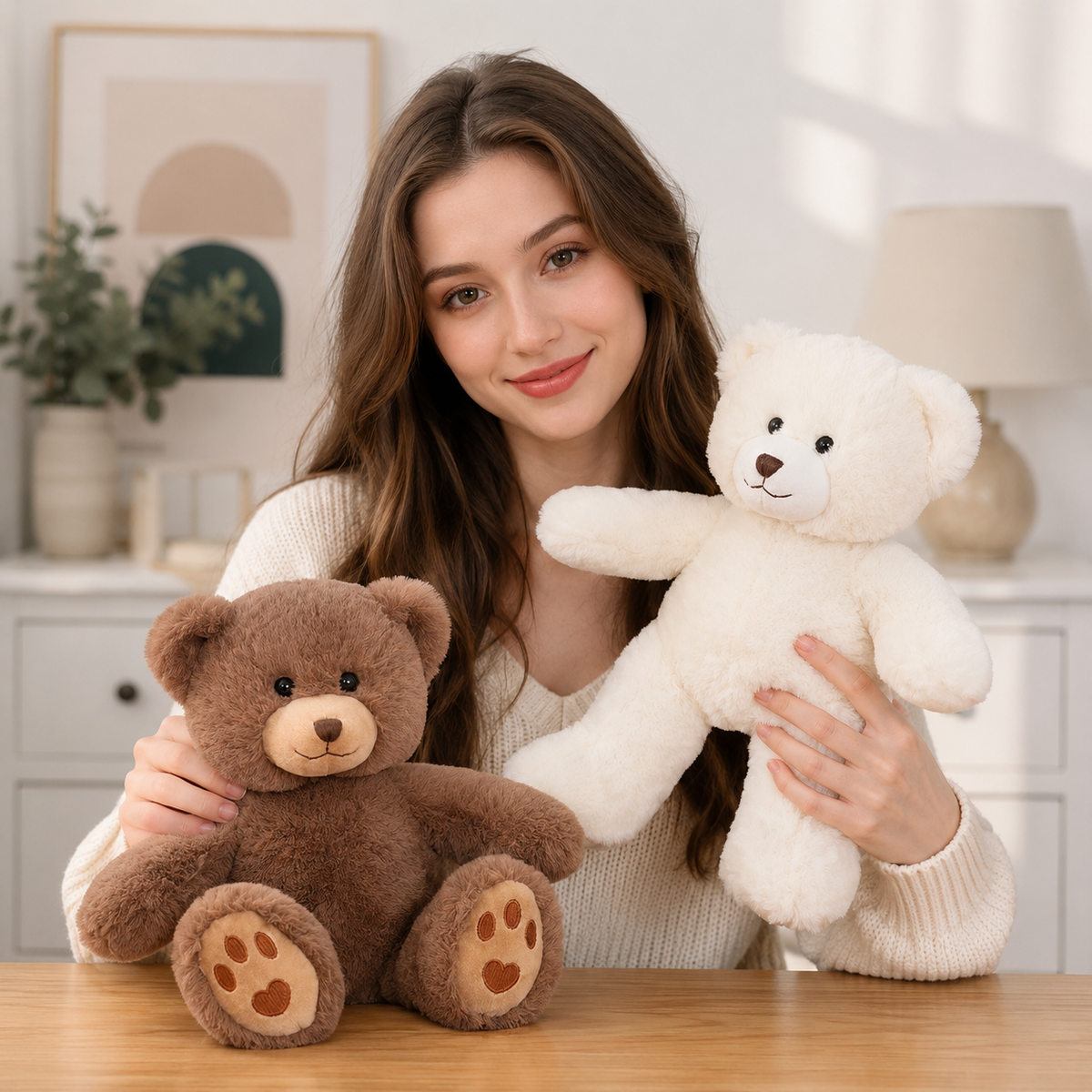 Traditional Curly Plush Teddy Bear with Bow