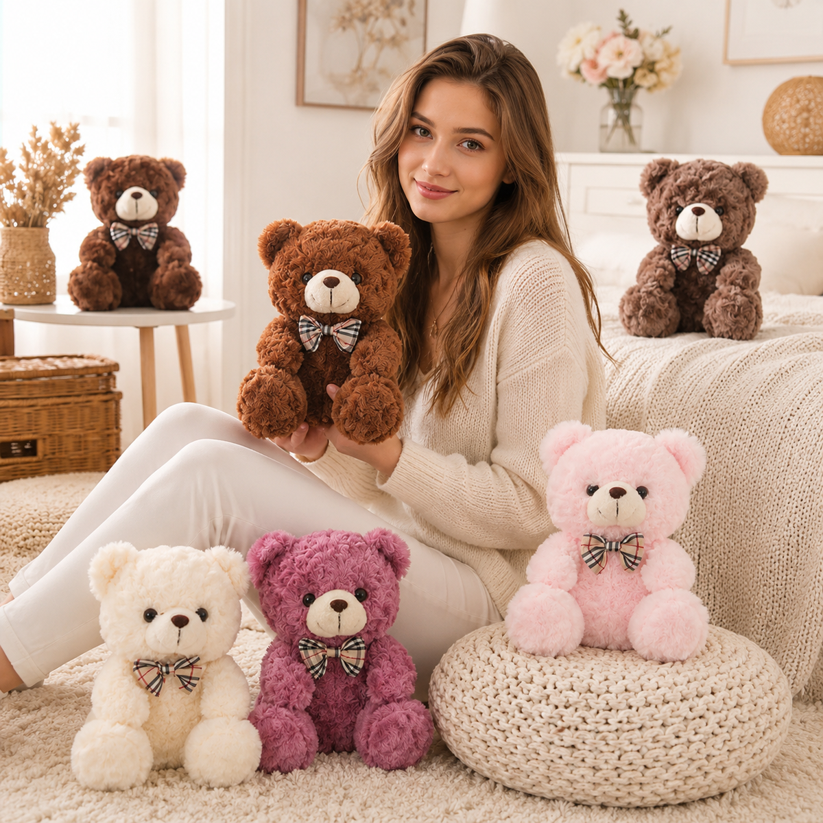 Traditional Curly Plush Teddy Bear with Bow