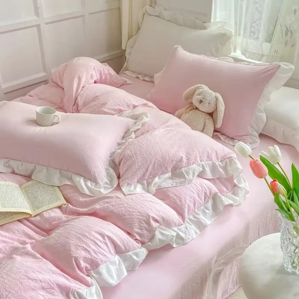 Ensemble de literie cottage à volants en coton 4 pièces - Linge de lit doux et confortable