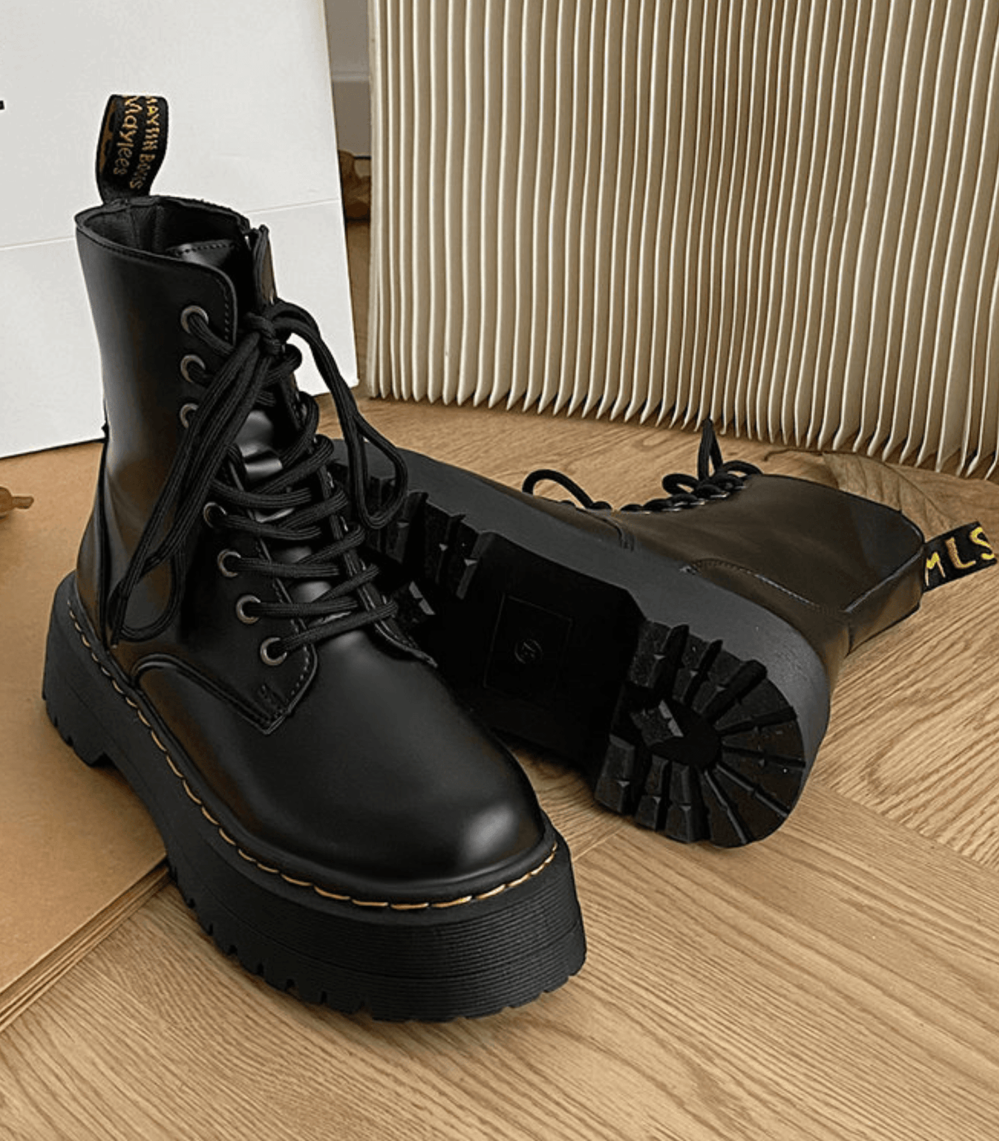 Platform Combat Boots | Black Leather Lace-Up Design