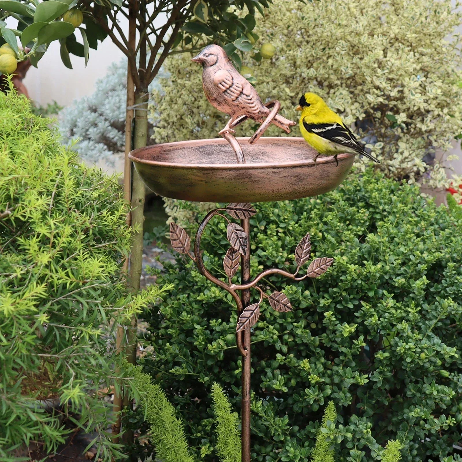 Vogelbad für den Garten mit dekorativer Schale und Erdspieß