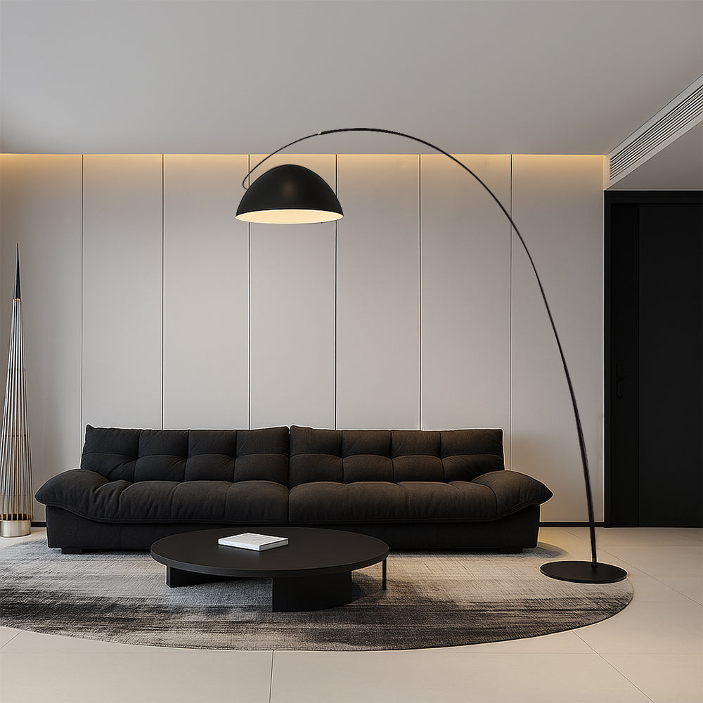 Lampadaire arc noir élégant avec abat-jour en dôme pour éclairage de salon