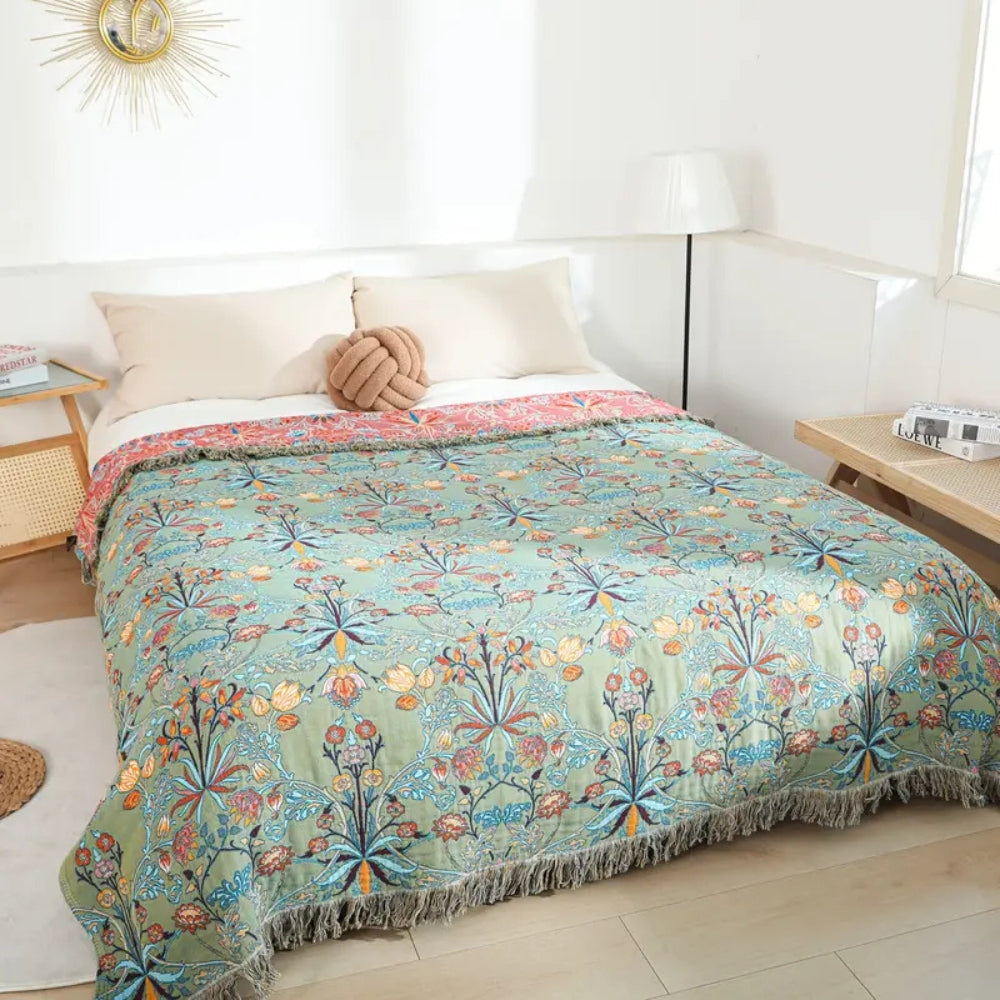 Plaid en coton floral avec pompons - Décoration intérieure verdoyante