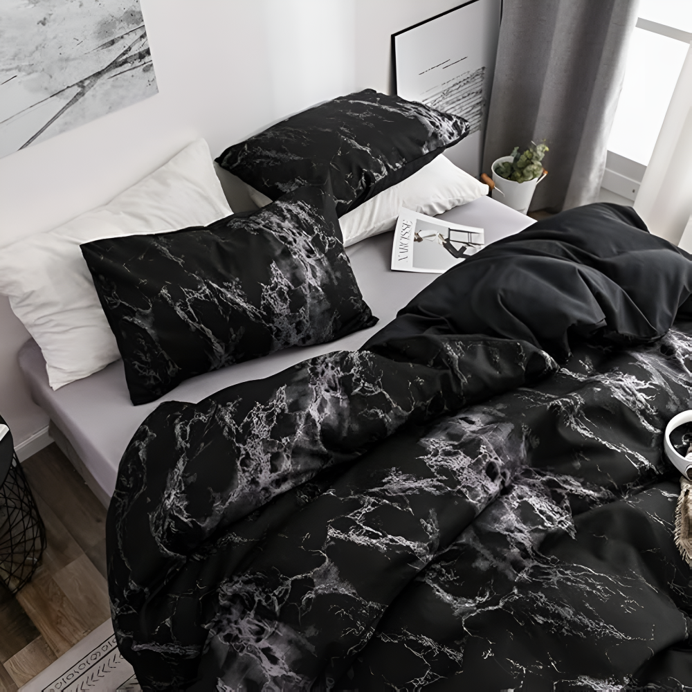 Ensemble de housse de couette luxe marbre noir - Ensemble de literie 3 pièces