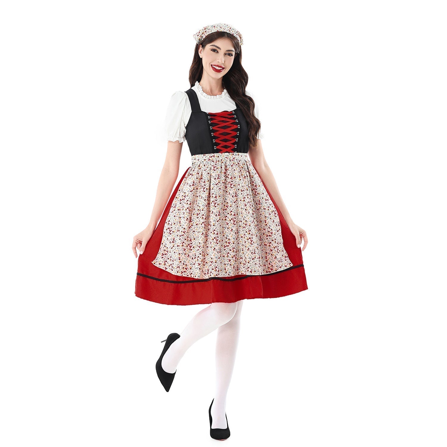 Ladies' Dirndl Dress with Floral Pattern and Laced Bodice
