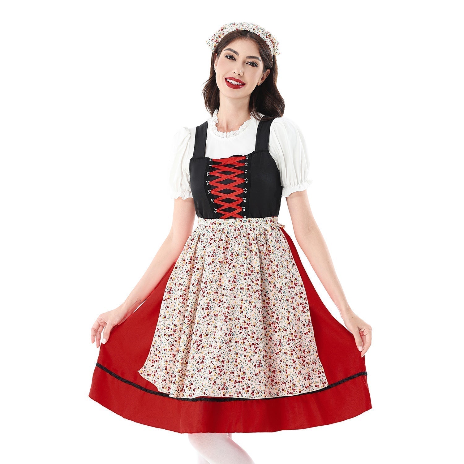 Ladies' Dirndl Dress with Floral Pattern and Laced Bodice