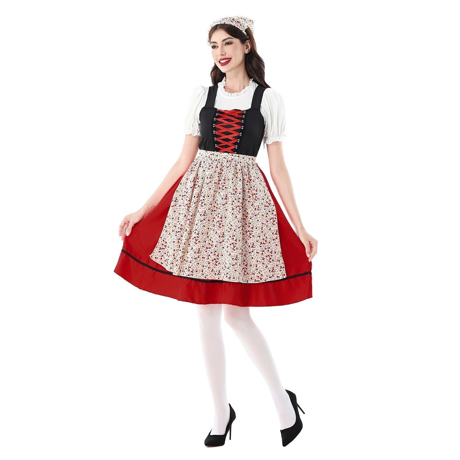 Ladies' Dirndl Dress with Floral Pattern and Laced Bodice