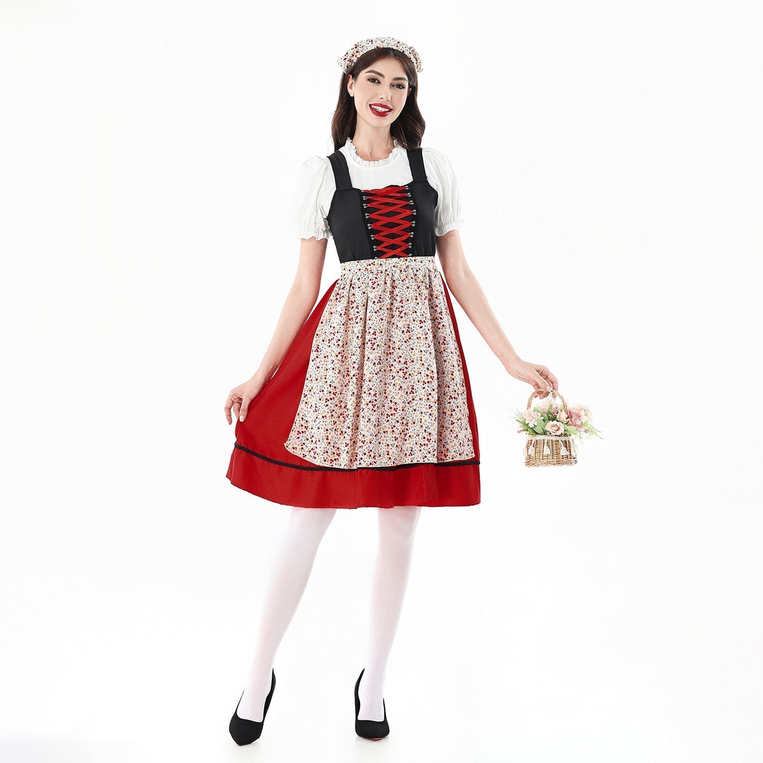Ladies' Dirndl Dress with Floral Pattern and Laced Bodice