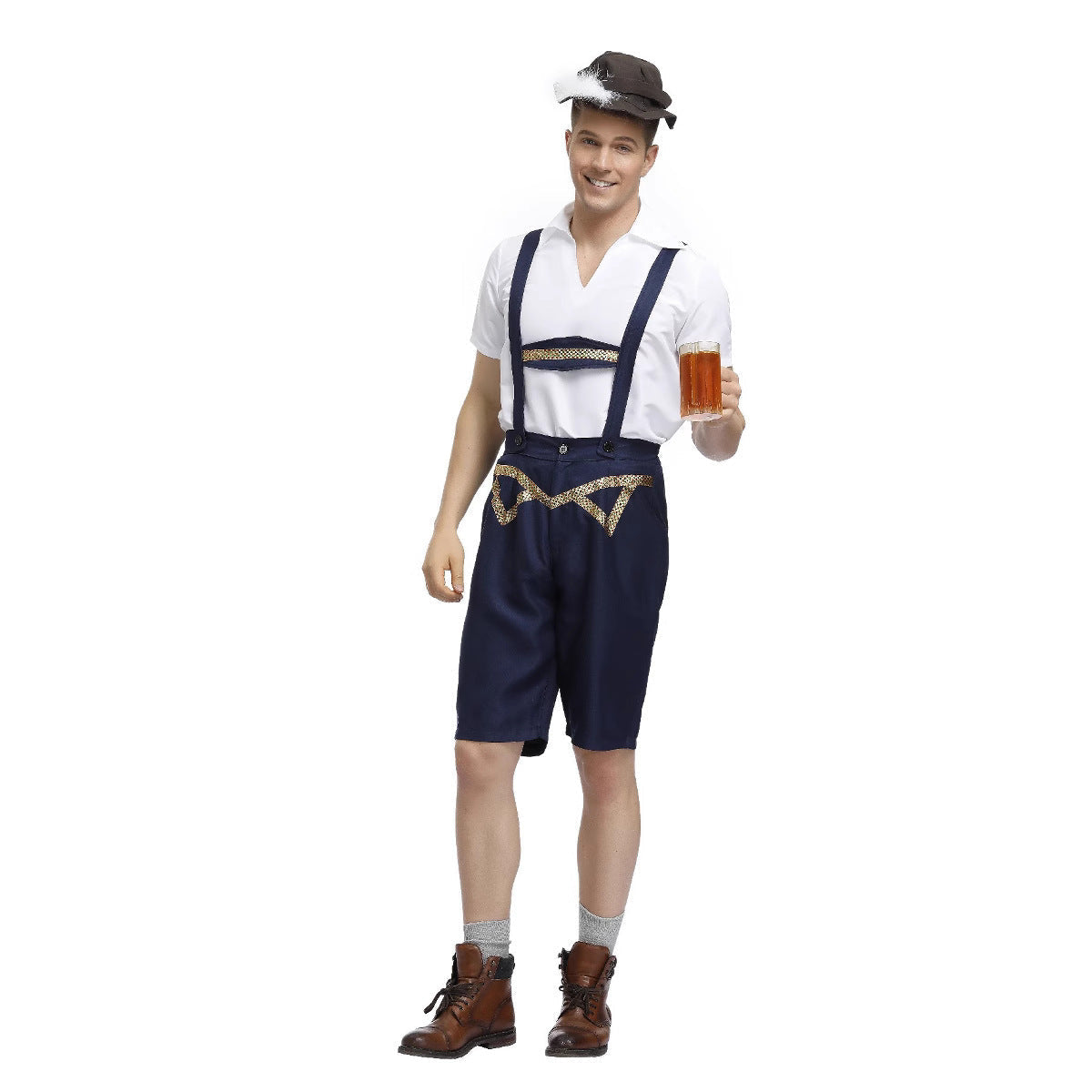 Pantalon court en cuir pour hommes avec bretelles et broderies