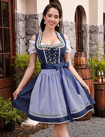Ensemble dirndl 3 pièces avec tablier & blouse – Oktoberfest | Robe traditionnelle pour occasions festives