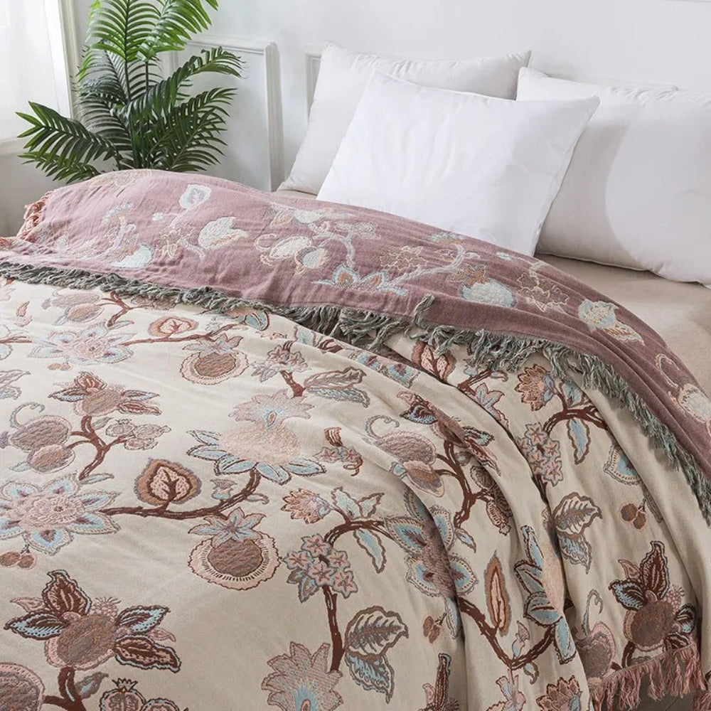 Plaid de lit en coton floral avec pompons - Design Orchid Trail