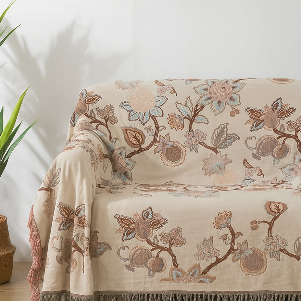 Plaid de lit en coton floral avec pompons - Design Orchid Trail