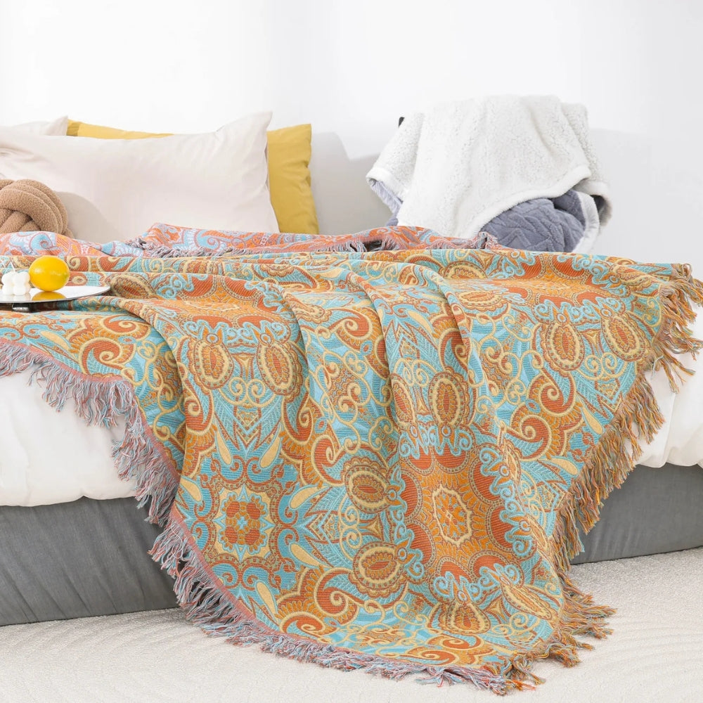 Plaid réversible en coton bohème - Motif paisley pour la décoration intérieure
