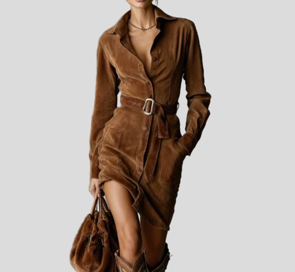 Robe midi en daim à revers Velora – Élégance épurée & structurée