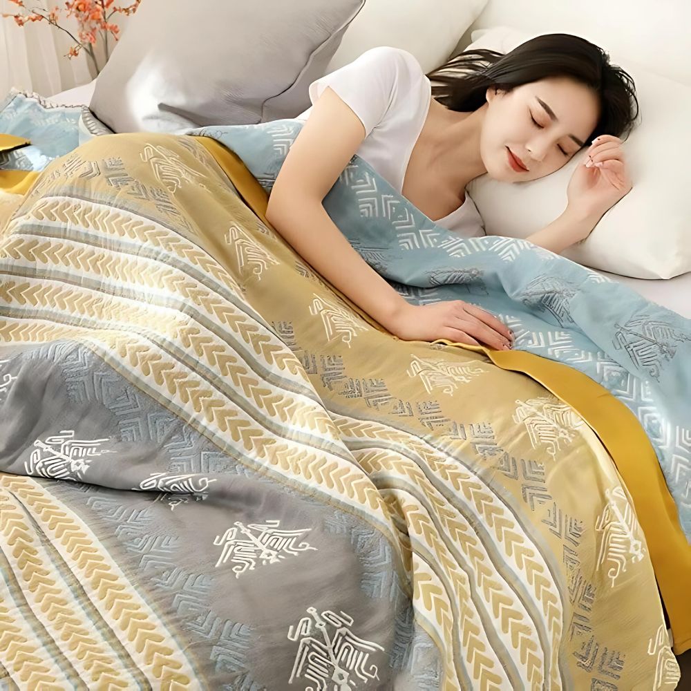 Reversible Cotton Throw Blanket - Cozy Wheatfield Dreams Design
