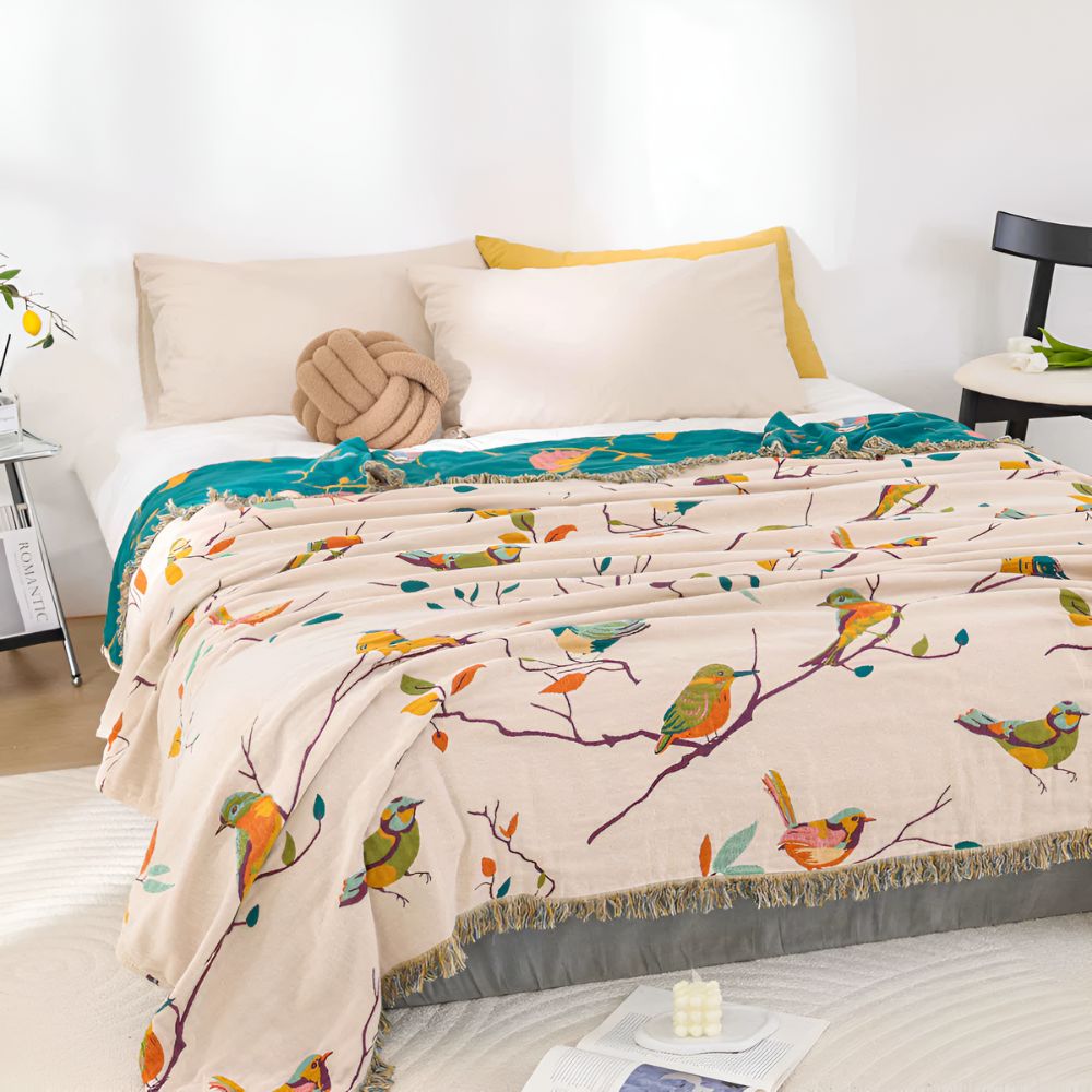 Plaid en coton avec pompons imprimé oiseaux pour décoration intérieure et cadeaux