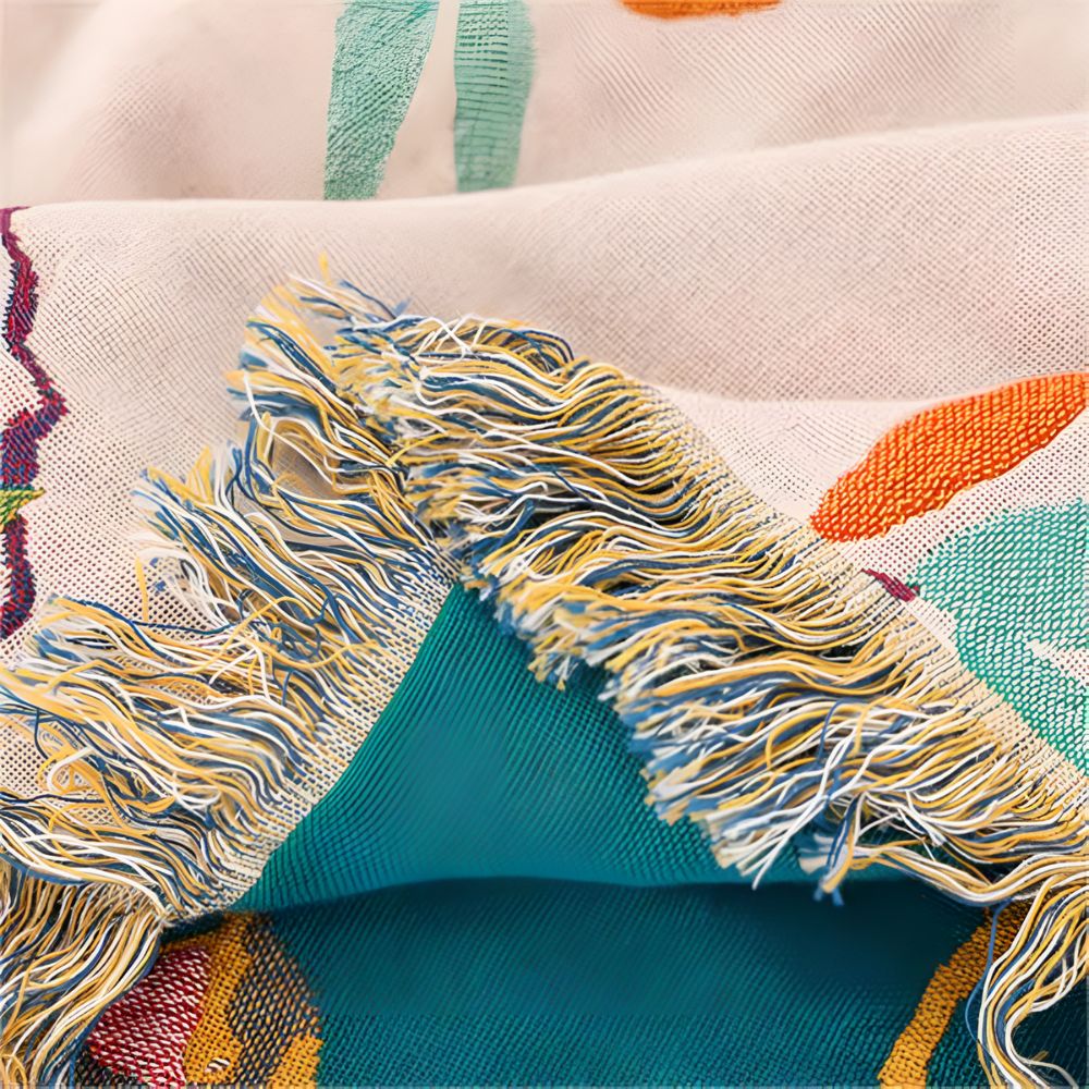 Plaid en coton avec pompons imprimé oiseaux pour décoration intérieure et cadeaux