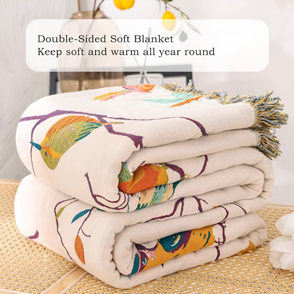 Plaid en coton avec pompons imprimé oiseaux pour décoration intérieure et cadeaux