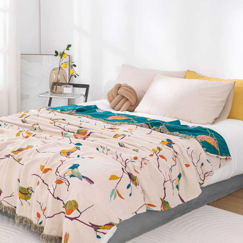 Plaid en coton avec pompons imprimé oiseaux pour décoration intérieure et cadeaux