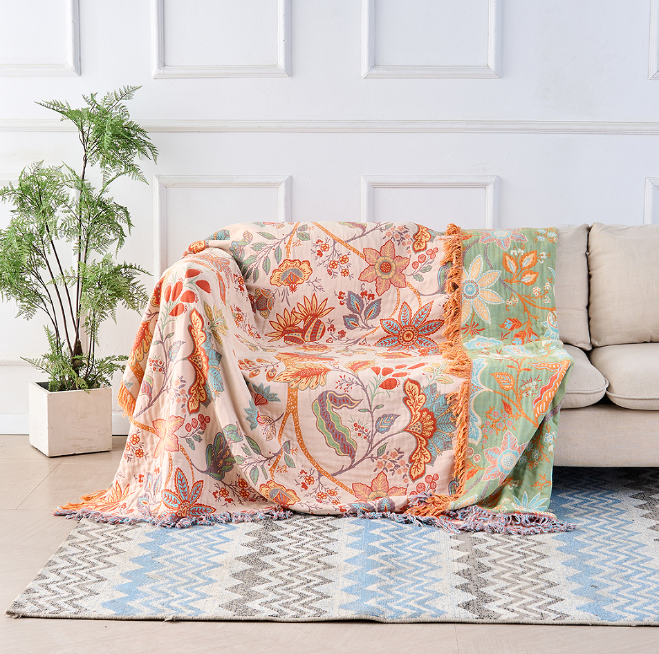 Plaid en coton floral bohème | Décoration rustique vintage pour la maison