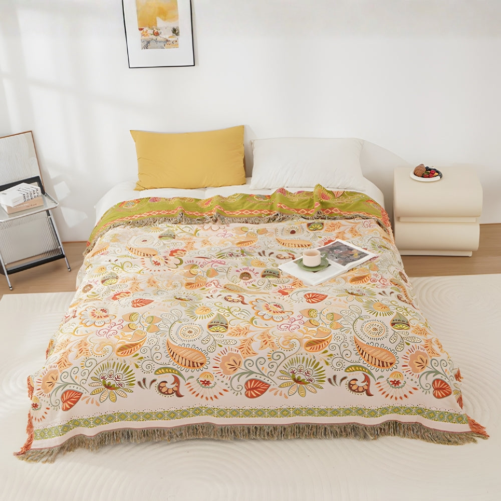 Plaid bohème réversible feuilles d’automne pour décoration intérieure chaleureuse