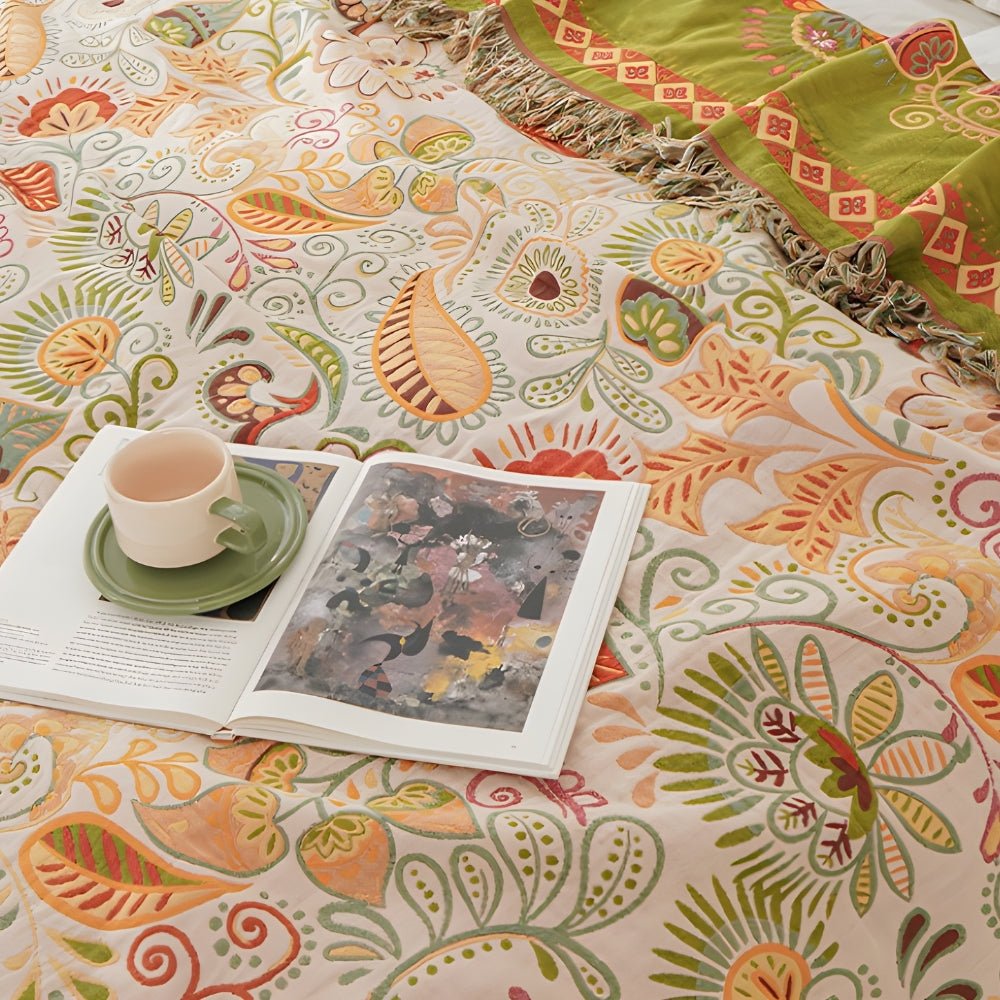 Plaid bohème réversible feuilles d’automne pour décoration intérieure chaleureuse