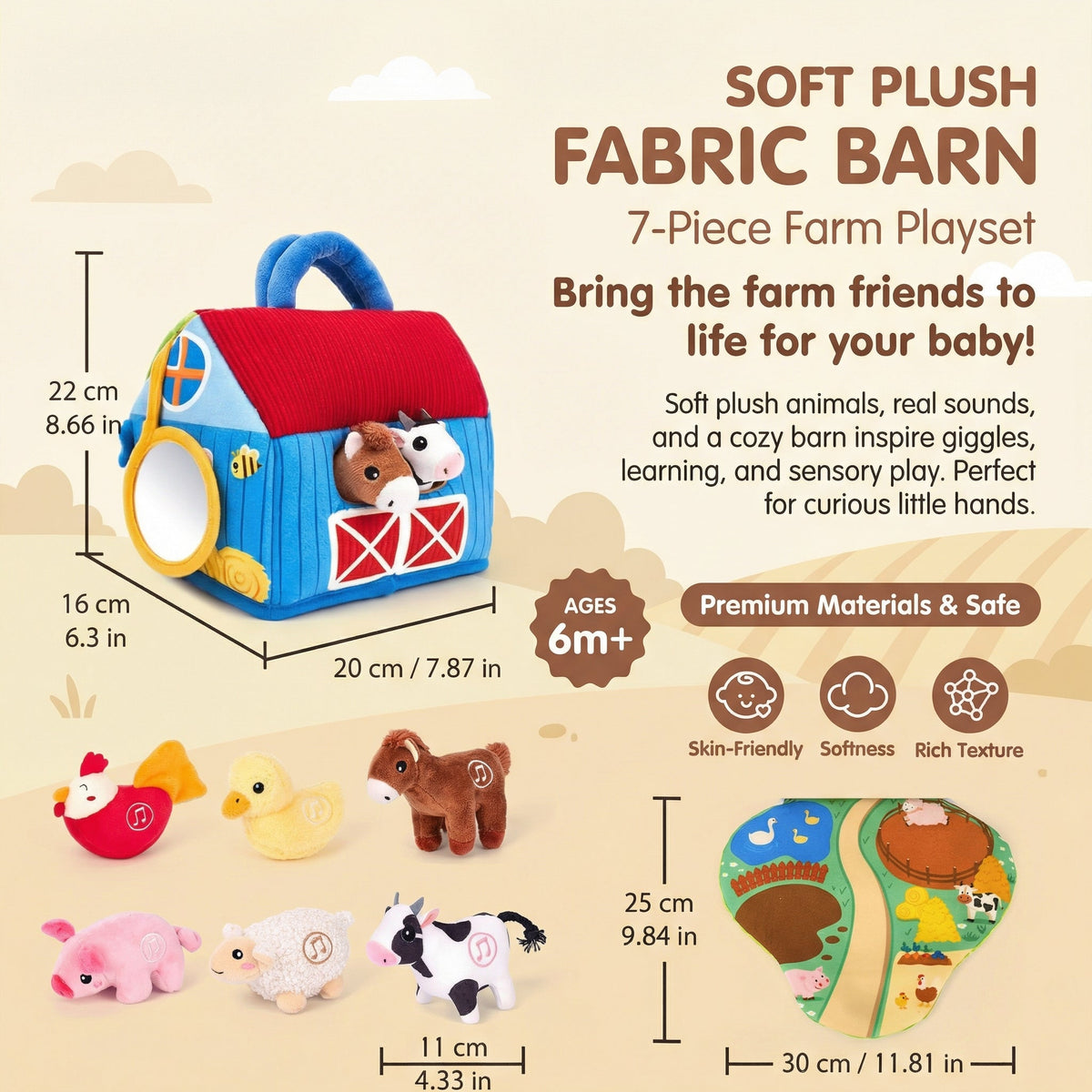Plush Farm Animal Sound Play Set with Mat, 7 Pieces