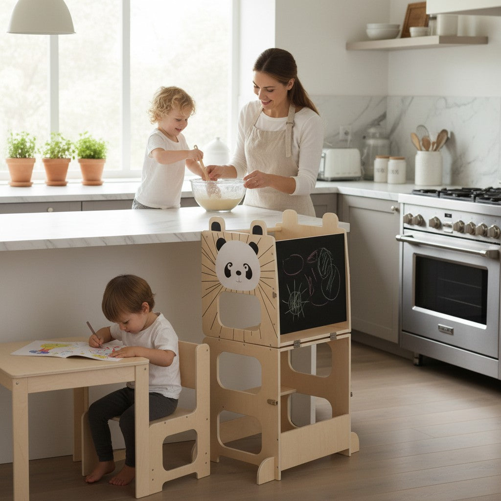 Adjustable Wooden Montessori Learning Tower with Blackboard