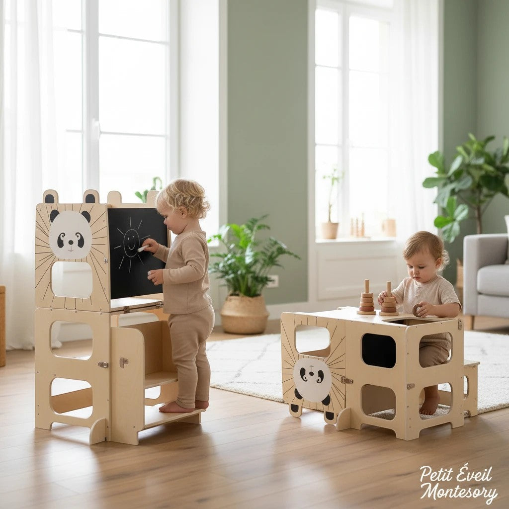 Adjustable Wooden Montessori Learning Tower with Blackboard